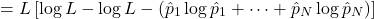 \[ = L\left[ \log L - \log L - (\hat{p}_1 \log \hat{p}_1 + \cdots + \hat{p}_N \log \hat{p}_N) \right] \]